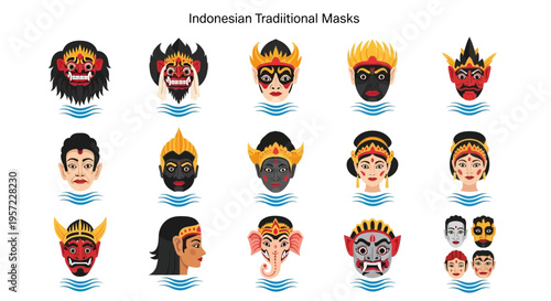 Indonesian Traditional Masks Displayed Together.