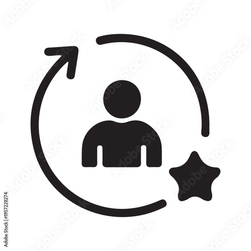 Customer satisfaction icon with user, star, and circular arrows symbolizing feedback and loyalty