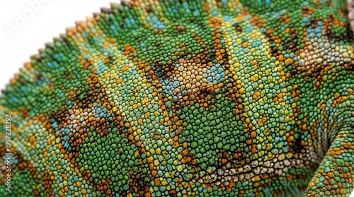 Extreme Close Up of Vibrant Green Chameleon Skin Texture Patterns