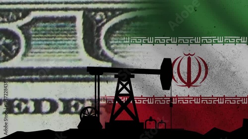 A drilling rig in an oil field. Against the background of the Iranian flag and dollars with a grunge texture. The concept of limiting oil prices. 4K