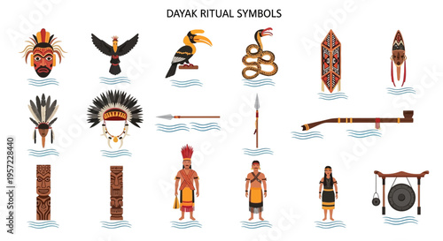 Dayak ritual symbols and tribal icons.