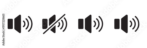 Speaker volume icon set showing mute and active sound levels for user interface control and audio settings