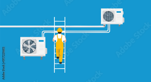 Air Conditioner Installation and Repair Vector Illustration with Technician on Ladder