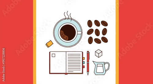 A steaming cup of coffee sits beside scattered coffee beans, a notebook, and a pen on a table.
