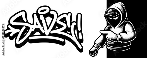 Save Tag Graffiti Character Mascot Showcasing Urban Lettering for Money Saving Promotions.