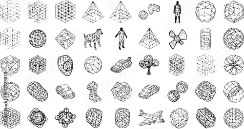 Hand-drawn sketch collection of diverse 3D wireframe models and solid objects including geometric shapes, human figures, animals, vehicles, and nature elements.