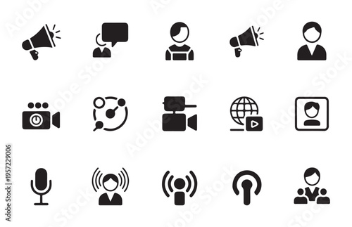 Collection of communication and media icons, representing various aspects of social interaction and broadcast