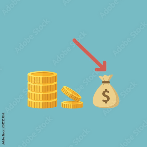Coins decreasing into a money bag with an arrow pointing downward.