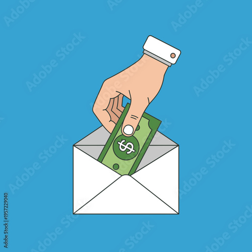 Hand placing dollar bill into an envelope against a blue background.