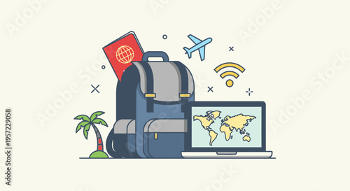 Travelers prepare for adventure with luggage and technology