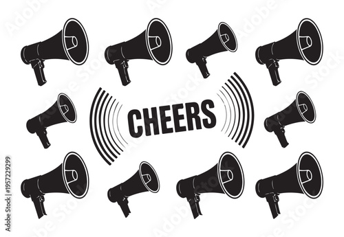 Eight black megaphones surround central word cheers with radiating sound waves graphic design