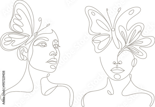 Line art portraits of women with large butterfly wings with single line