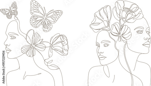 Dual line art portraits with butterflies and floral elements
