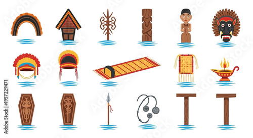 Tribal symbols and totem pole icons.