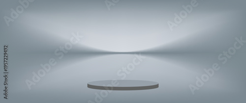 Clean minimalist 3D empty white studio room with light grey wall and horizontal podium stage for product display. Elegant soft lighting with subtle shadows, professional high resolution setup.