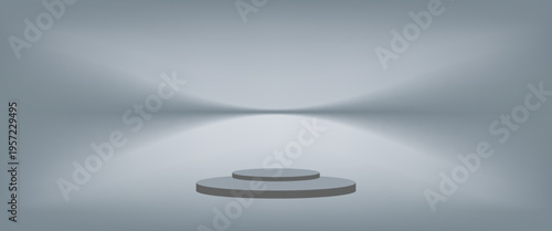 Clean minimalist 3D empty white studio room with light grey wall and horizontal podium stage for product display. Elegant soft lighting with subtle shadows, professional high resolution setup.