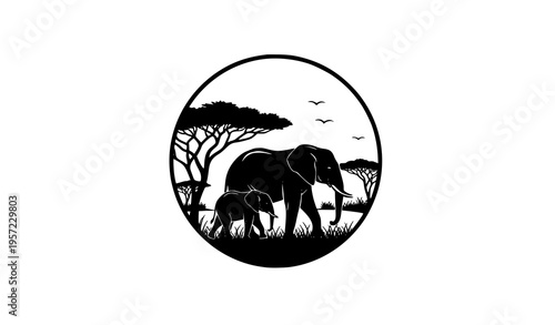Elephant and baby silhouette badge with acacia tree African wildlife savanna vector logo design
