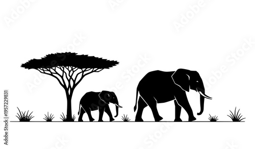 Minimalist elephant and calf silhouette with acacia tree modern African savanna vector illustration