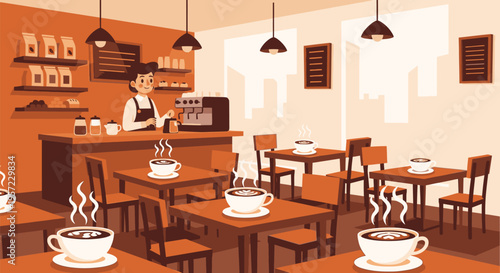 A bustling coffee shop interior with a barista serving coffee at tables and chairs