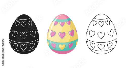 Collection of three decorative easter egg vector graphic designs featuring sweetheart patterns for spring celebrations