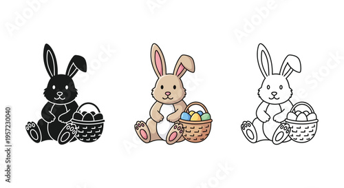Adorable cartoon Easter bunny rabbit sitting beside a woven basket filled with colored eggs vector graphic set