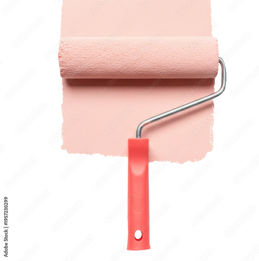 Obraz premium Pink paint roller applying fresh coat on wall with clean texture, minimal renovation concept isolated on background