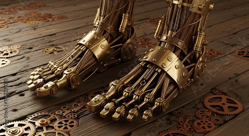Pair of robot feet with hydraulic components and copper wires standing on old wooden floor.