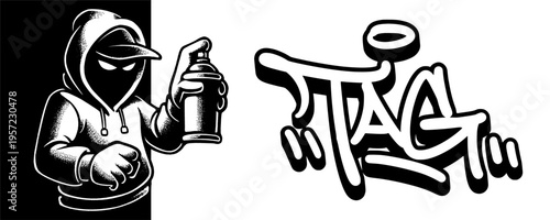 Underground Graffiti Artist Mascot Holding Spray Can with Stylized Tag Lettering for Urban Branding.