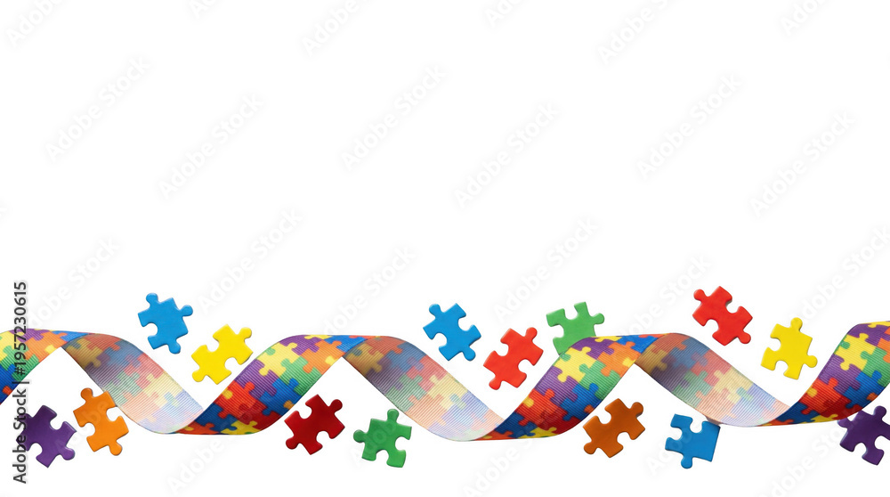 Obraz premium Colorful puzzle ribbon symbolizes autism awareness, AI, PNG