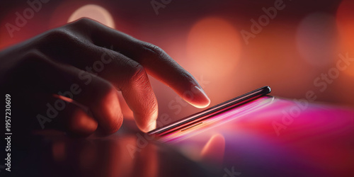 A close-up of a hand interacting with a glowing smartphone screen in low light, captured with vibrant neon reflections and shallow depth of field emphasizing modern digital technology use. 