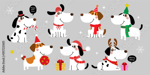 Merry Christmas and happy new year with cute puppy and dog in winter costumes. Animal holidays cartoon characters. -Vector