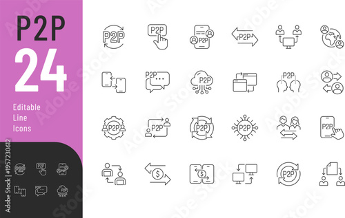 Peet to Peer Line Editable Icons set. Vector illustration in modern thin style of technology related icons: money transfer, digital payment, decentralized network, and more. 