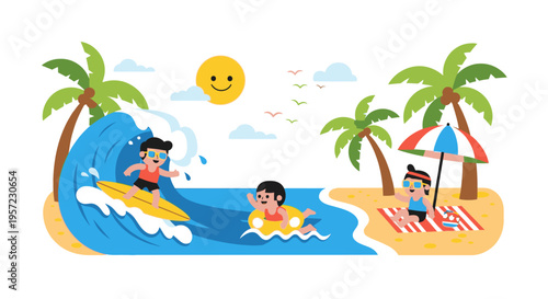 People surfing and relaxing on a sunny beach with palm trees and a smiling sun.