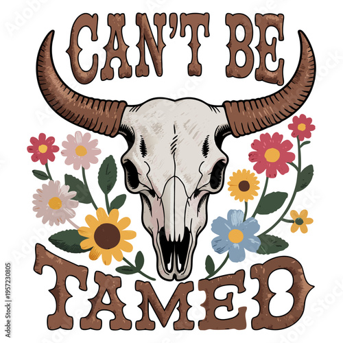 A western-style design featuring a white bull skull with prominent curved horns in brown. The skull is centered and surrounded by colorful flowers