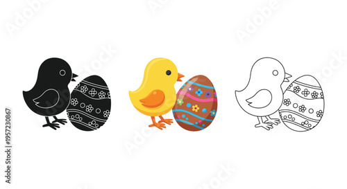 Collection of three cute baby chick icons standing next to a decorated chocolate easter egg illustration