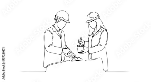 Team of scientists working together. Continuous one line drawing vector illustration. Collaboration in agricultural research concept