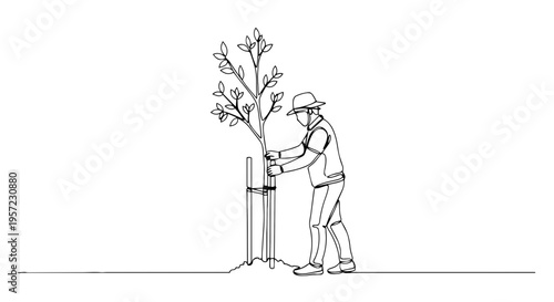 Person planting a young tree with stakes. Continuous one line drawing vector illustration. Environmental conservation and growth concept