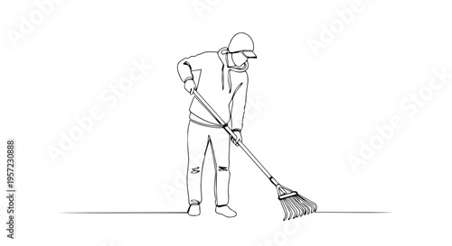 Person raking the ground in a garden. Continuous one line drawing vector illustration. Yard maintenance and spring cleaning concept