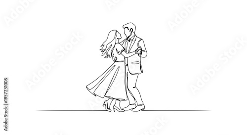 Couple dancing one line drawing. Minimalist continuous line art of man and woman. Romantic ballroom dance vector illustration