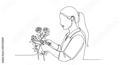 Woman pruning rose bush with shears. One line drawing minimalist vector illustration. Spring gardening and floristry concept