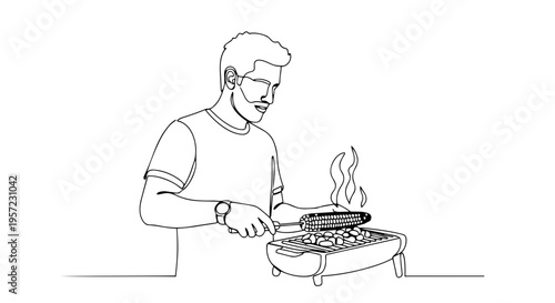 Man grilling corn one line drawing. Continuous line art of barbecue cooking. Spring outdoor picnic vector illustration