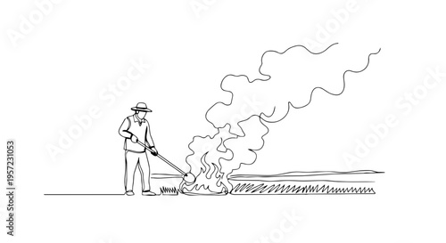 Farmer burning grass one line drawing. Continuous line art of agricultural fire. Spring field work vector illustration