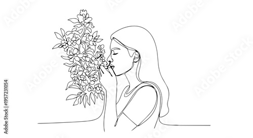 Woman smelling flowers one line drawing. Continuous line art of female with bouquet. Spring and nature concept vector illustration