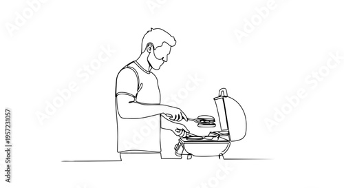Man cooking burgers on grill one line drawing. Continuous line art of barbecue bbq. Spring outdoor cooking vector illustration