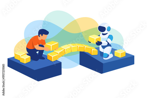 Human and robot build bridge together with blocks.