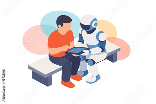 Human and robot interacting with tablet technology together.