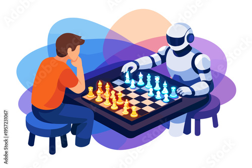 Man and Robot Playing Chess Strategy Game Together.