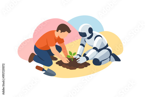 Man and robot planting a small plant together in soil.