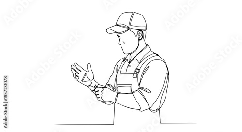 Worker putting on gloves one line drawing. Continuous line art of gardener or handyman. Minimalist person working vector illustration