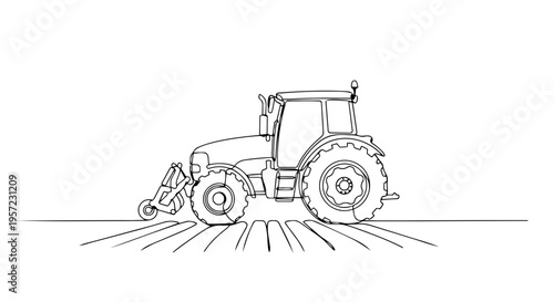 One line drawing of a farm tractor in a field. Minimalist continuous line art of agricultural machinery. Vector illustration isolated on white